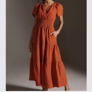 Anthropologie Somerset Orange Maxi Dress Tiered Pockets Linen